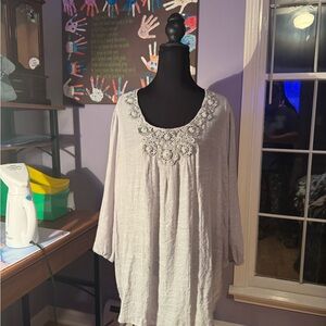 Krazy Kat Light Gray Blouse with Embroidered Neckline
